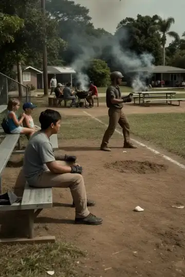 Timmy mid-jump, gripping the pitcher's legs as a pterosaur hauls them both low across right field.