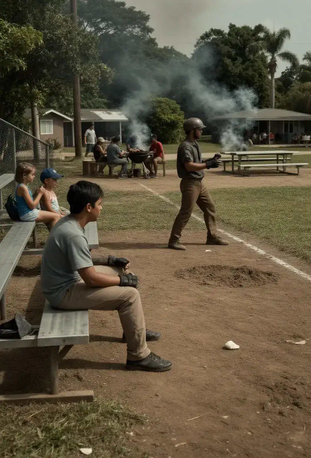 A suburban Little League diamond on a hot Saturday afternoon, families on metal bleachers, charcoal smoke rising from a grill in the picnic area.