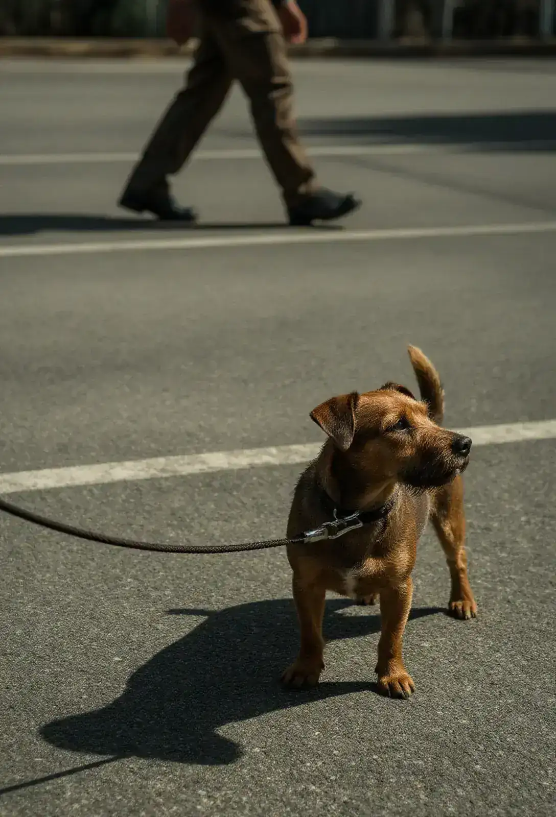 A small terrier on a leash in a hot parking lot, head tilted up at a dark shape crossing the sun.