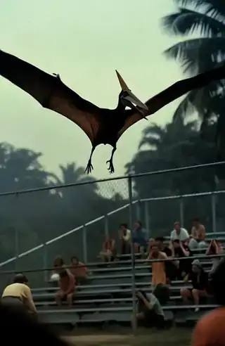 A dark pterosaur with leathery wings sweeping low over a chain-link backstop, parents ducking in metal bleachers below.