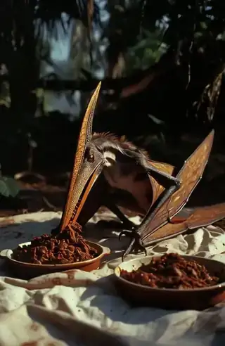 A picnic blanket with a pterosaur crouched on it, tearing into casserole dishes with a long crocodilian snout.