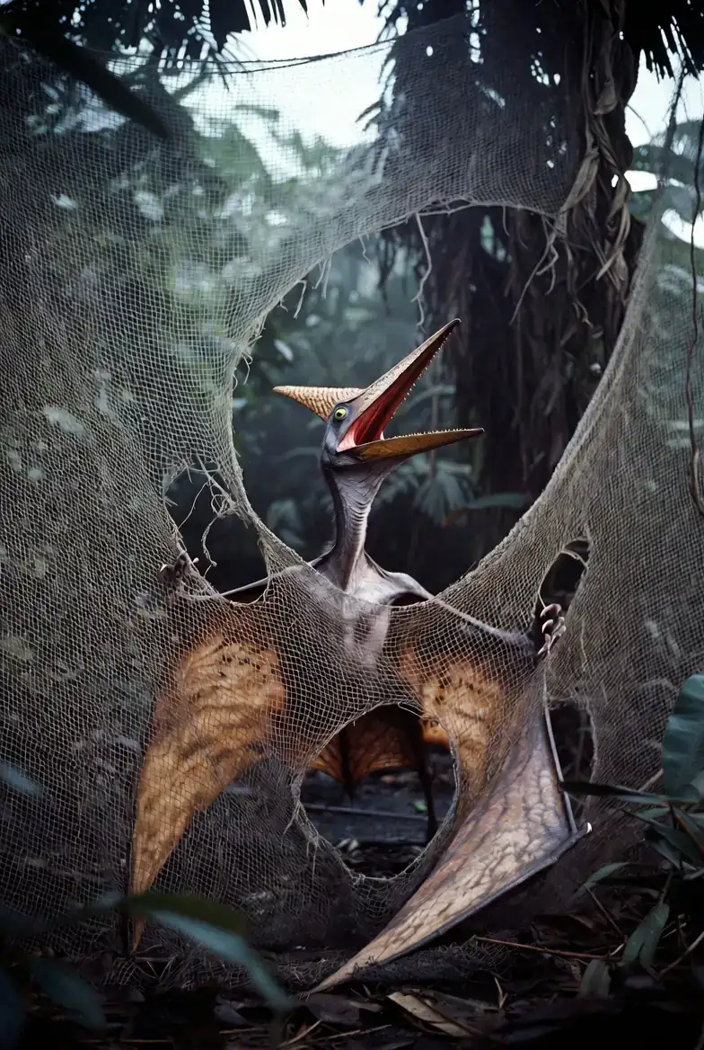 A pterosaur tangled in shredded backstop netting, wings half-folded, teeth bared in a frustrated scream.