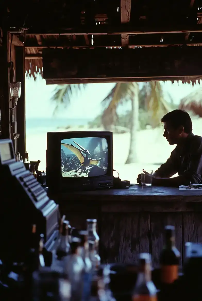 The interior of a beachfront bar, a small television playing news footage of a tangled pterosaur, a man at the counter with an empty whiskey glass.