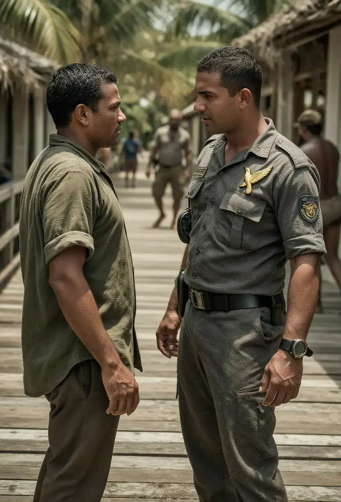 Two men greeting on a sun-bleached boardwalk, one in a cheap security uniform with a gold hummingbird patch, the other in faded olive clothes.