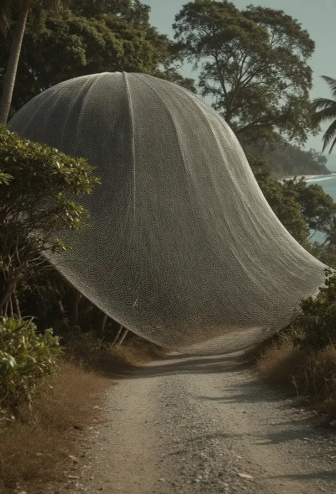A vast netted dome rising over coastal trees, a private gravel road approaching it, the netting catching the morning sun in faint silver.