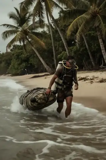 A black-scaled Velociraptor-class dinosaur head with ember-red eyes lunging out of jungle ferns, jaws closing on a young soldier's neck and shoulder.