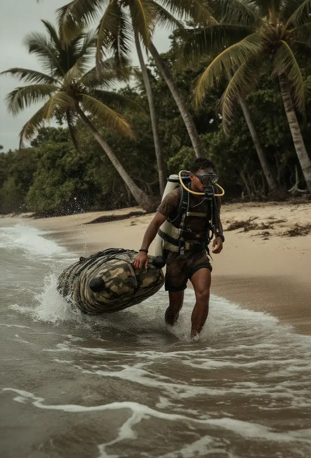 A diver surfacing waist-deep in tropical surf at the edge of a deserted white-sand beach, dragging a camouflaged supply raft, fronds of palm at the treeline.