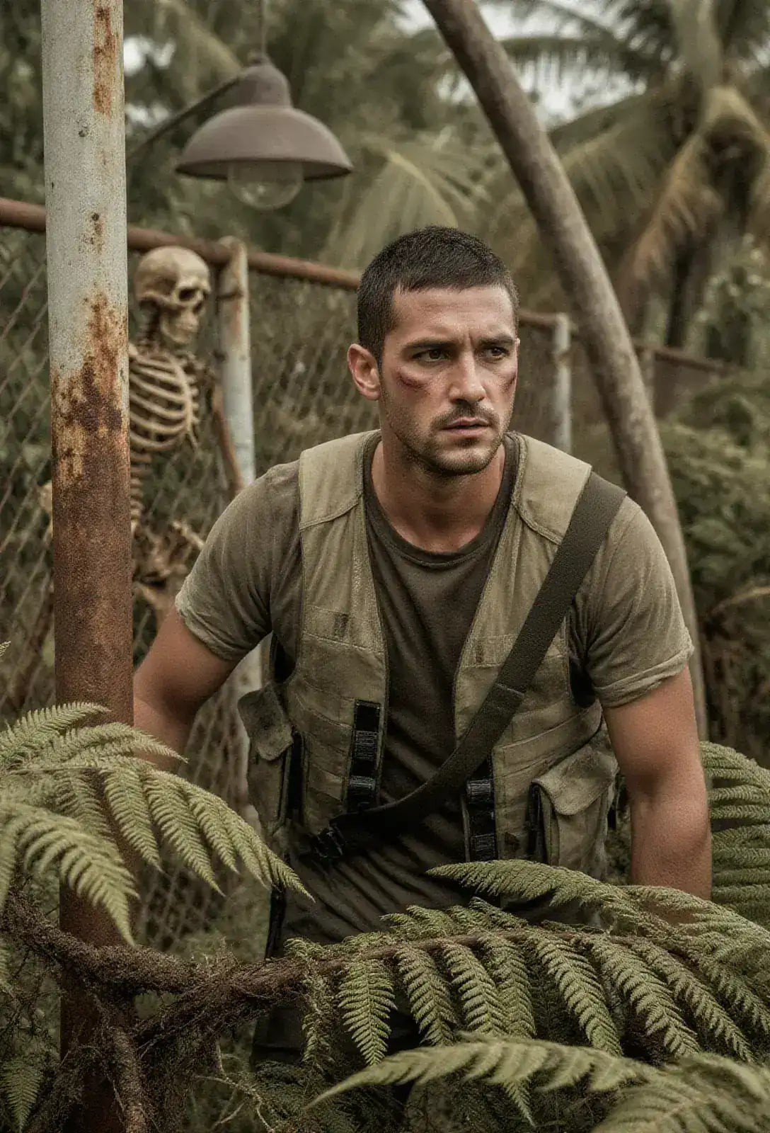A man in tactical gear pushing through tall ferns, the rusted skeleton of a chain-link fence and a leaning lamp post visible behind him.