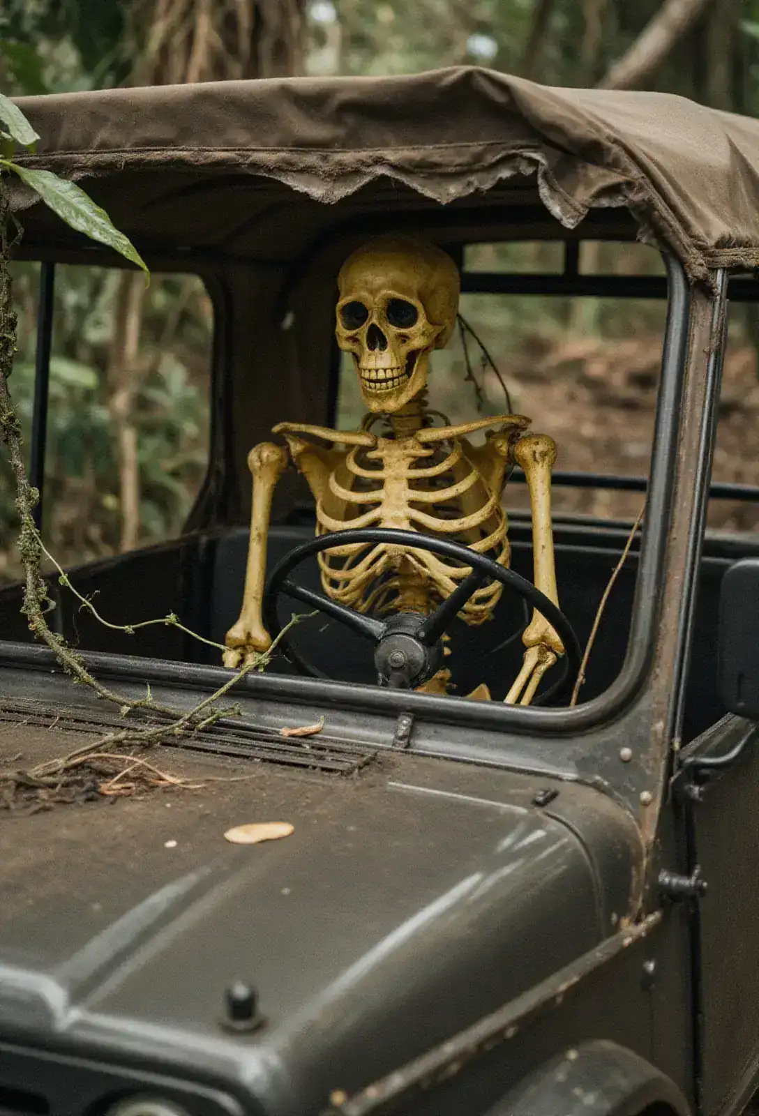 A jungle-overgrown 4x4 with the canvas roof torn back, revealing a yellowed skeleton at the wheel, vines threading through the steering column.