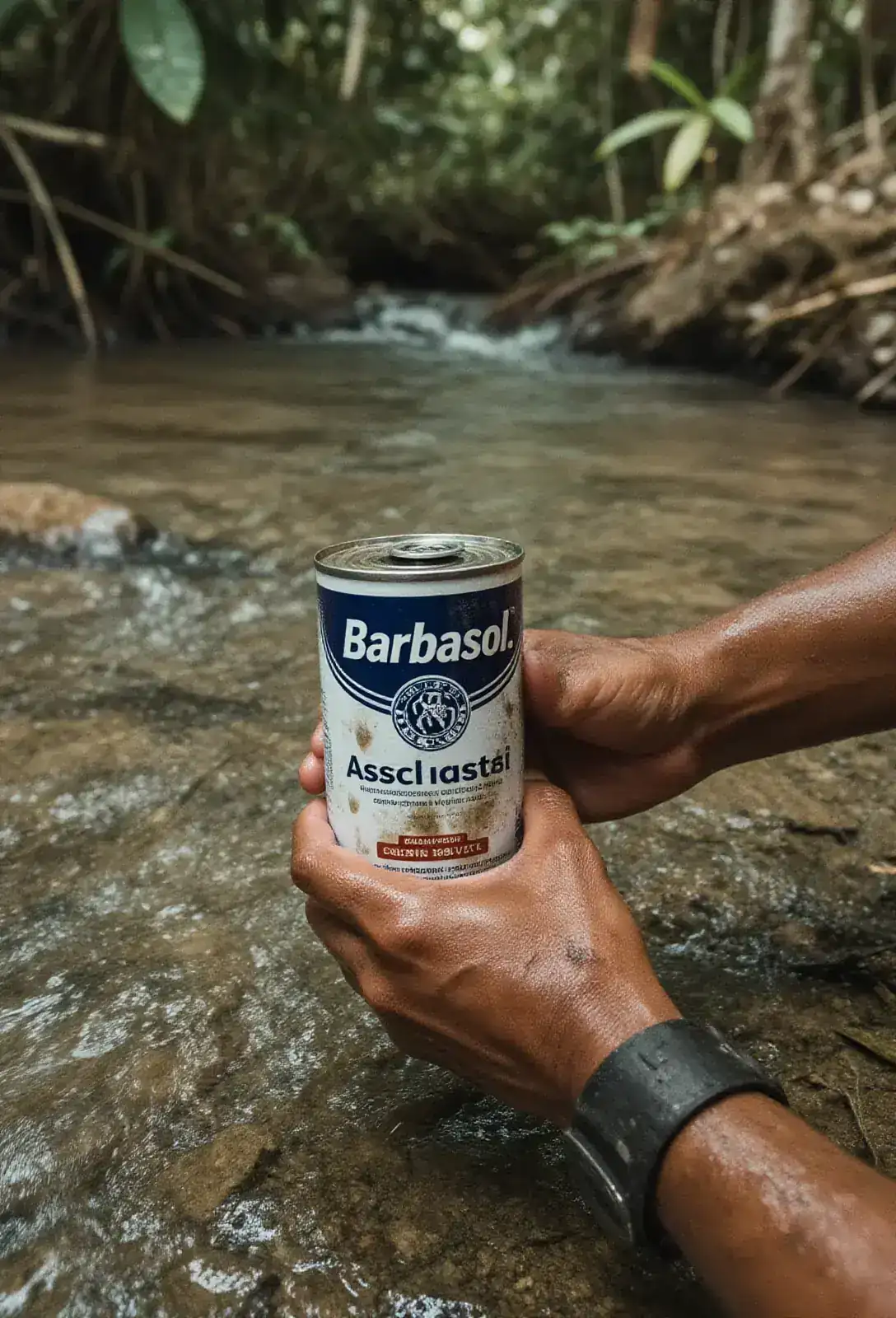 A muck-stained Barbasol can held in two wet hands at the edge of a clear jungle stream, sunlight on the white-and-blue label.