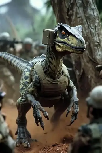 Excavaraptors erupting from the dirt floor of an overgrown park, soil and roots flying, men in security gear knocked off their feet.