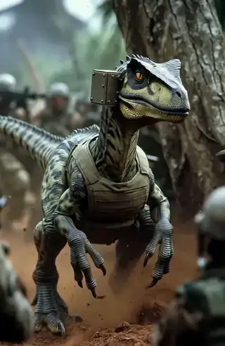 A jet-black, ruby-eyed raptor with massive mole-like digging claws erupting from a hole at the foot of a tree, mercenaries in panic around it.