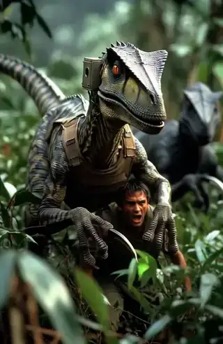 A man sprinting through dense jungle undergrowth, a vine snagging his thigh, the shape of a black raptor closing fast in the green behind him.