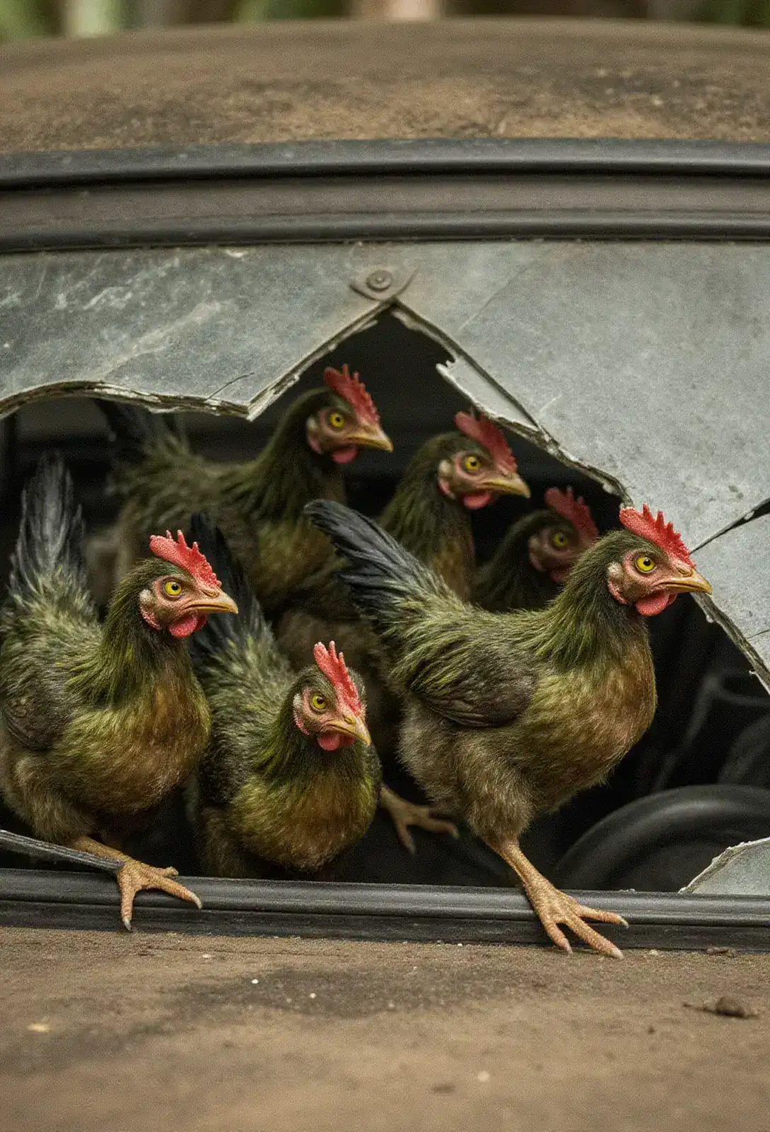 A close pack of small green chicken-sized predators streaming out of a broken truck windshield, their eyes glittering yellow.