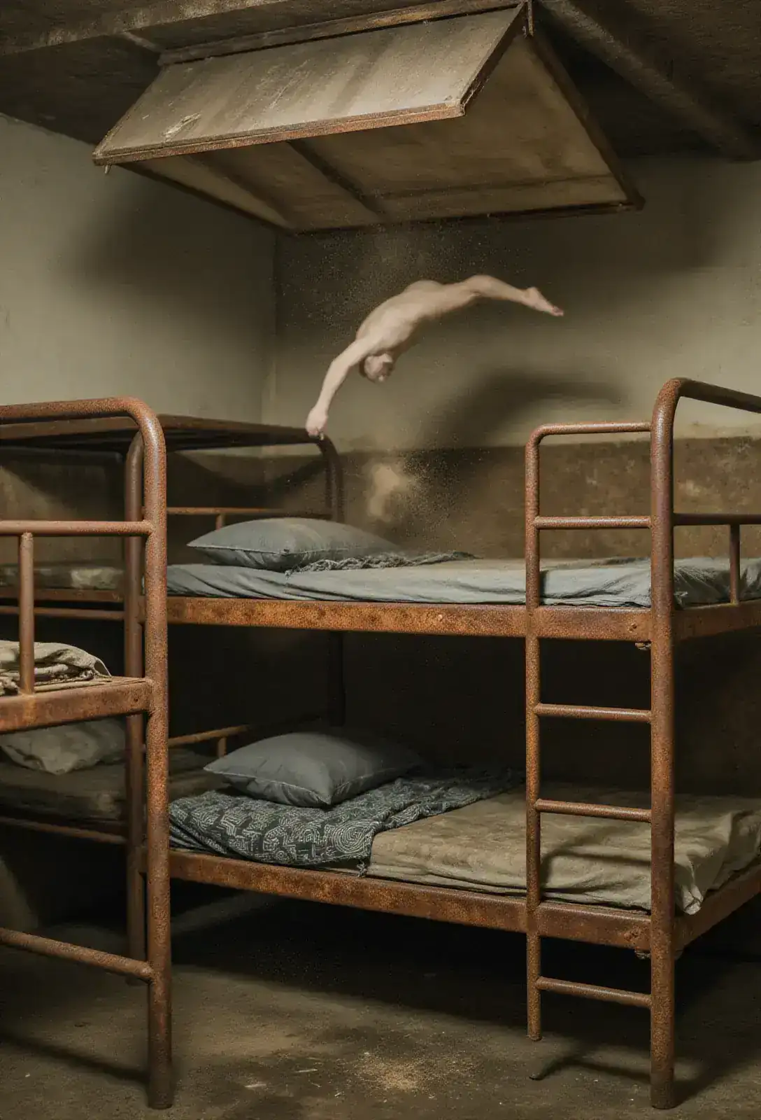 Stacked rusted bunk beds in a dim staff barracks, a ceiling hatch swinging open above one of them, dust and a pale shape falling toward the bed.