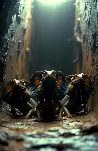Three frilled lizard-like dinosaurs blocking a tunnel exit beneath a single shaft of daylight, their neck-frills flared, throats glistening dark.