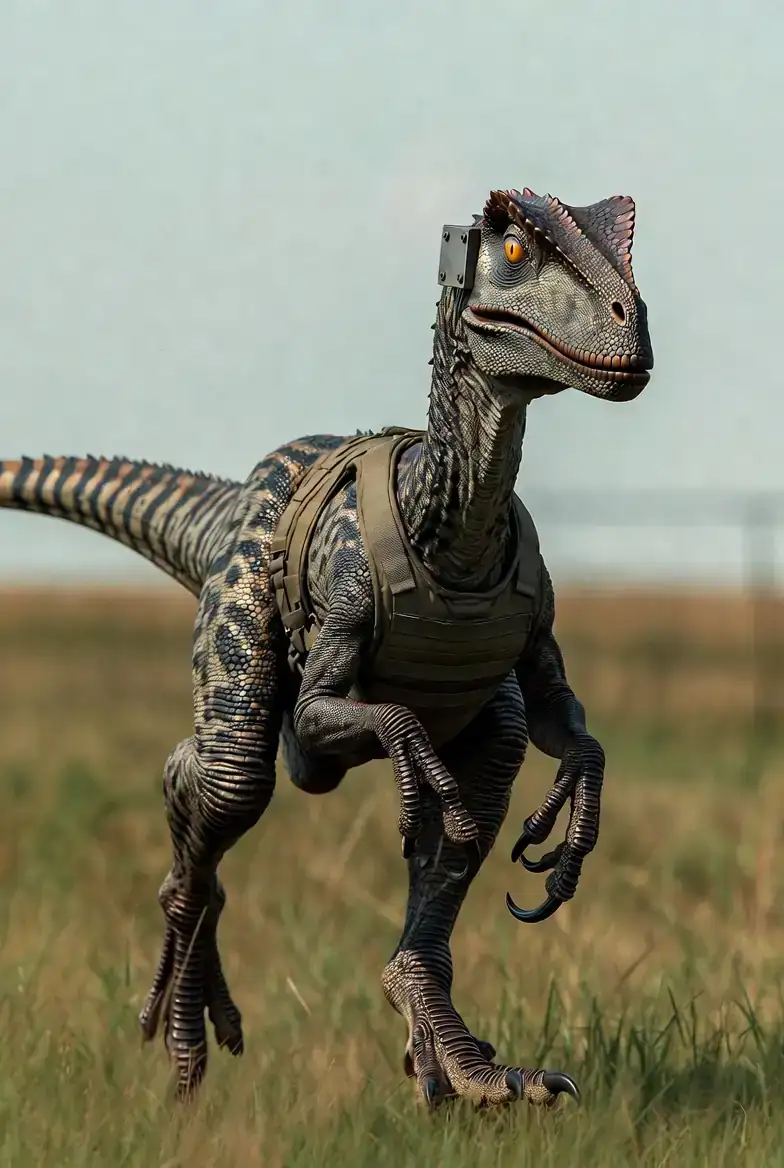 A man sprinting across an open field of high grass, a Barbasol can held tight in his fist, a chain-link fence behind him with a black raptor closing along the line.