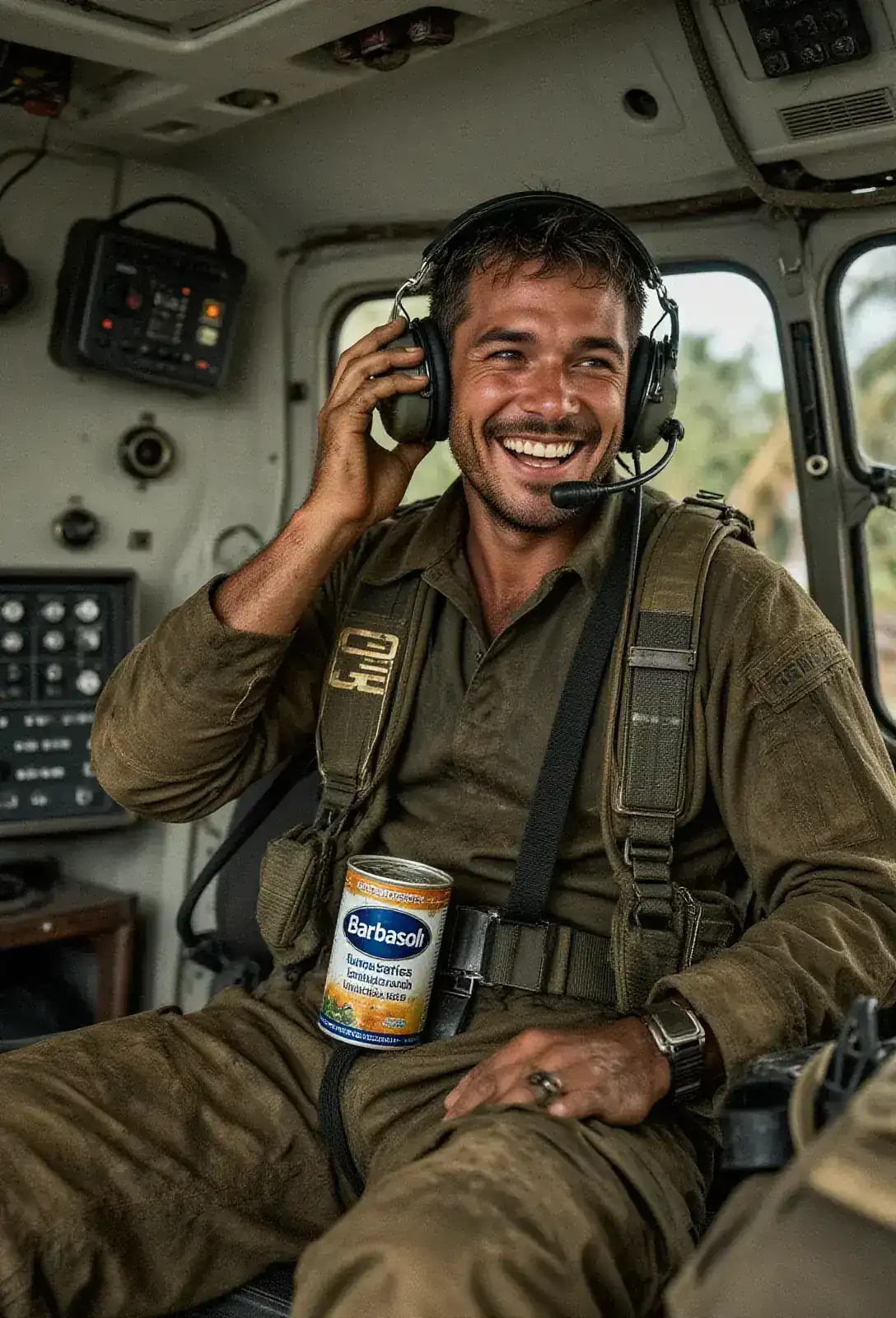 The interior of an open-bay helicopter cabin, a man in a Grendel ranger uniform laughing into a headset with a mud-stained Barbasol can resting on his lap.