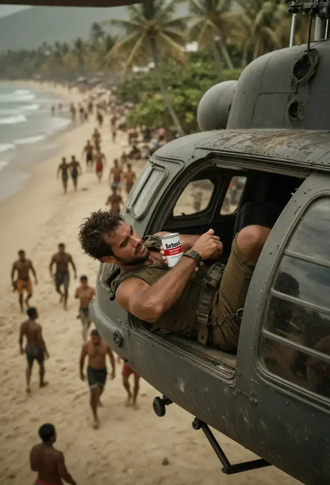 A man falling out of the open bay of a helicopter above a crowded tropical beach, the small white-and-red Barbasol can clutched to his chest.