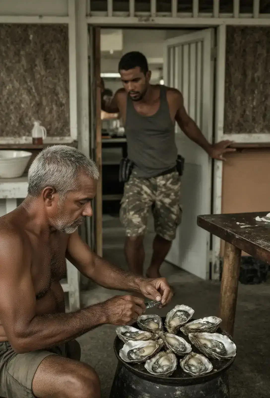 A man pushing through the back screen door of a small Caribbean dive-bar kitchen, an old man at a low table shucking oysters with a paring knife.