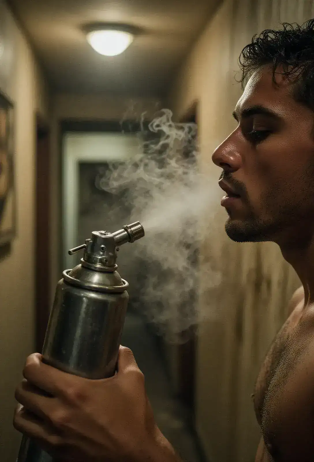 A close-up of an aerosol nozzle being depressed an inch from a man's face, mist beginning to bloom in the lamplight of a cheap hotel hallway.