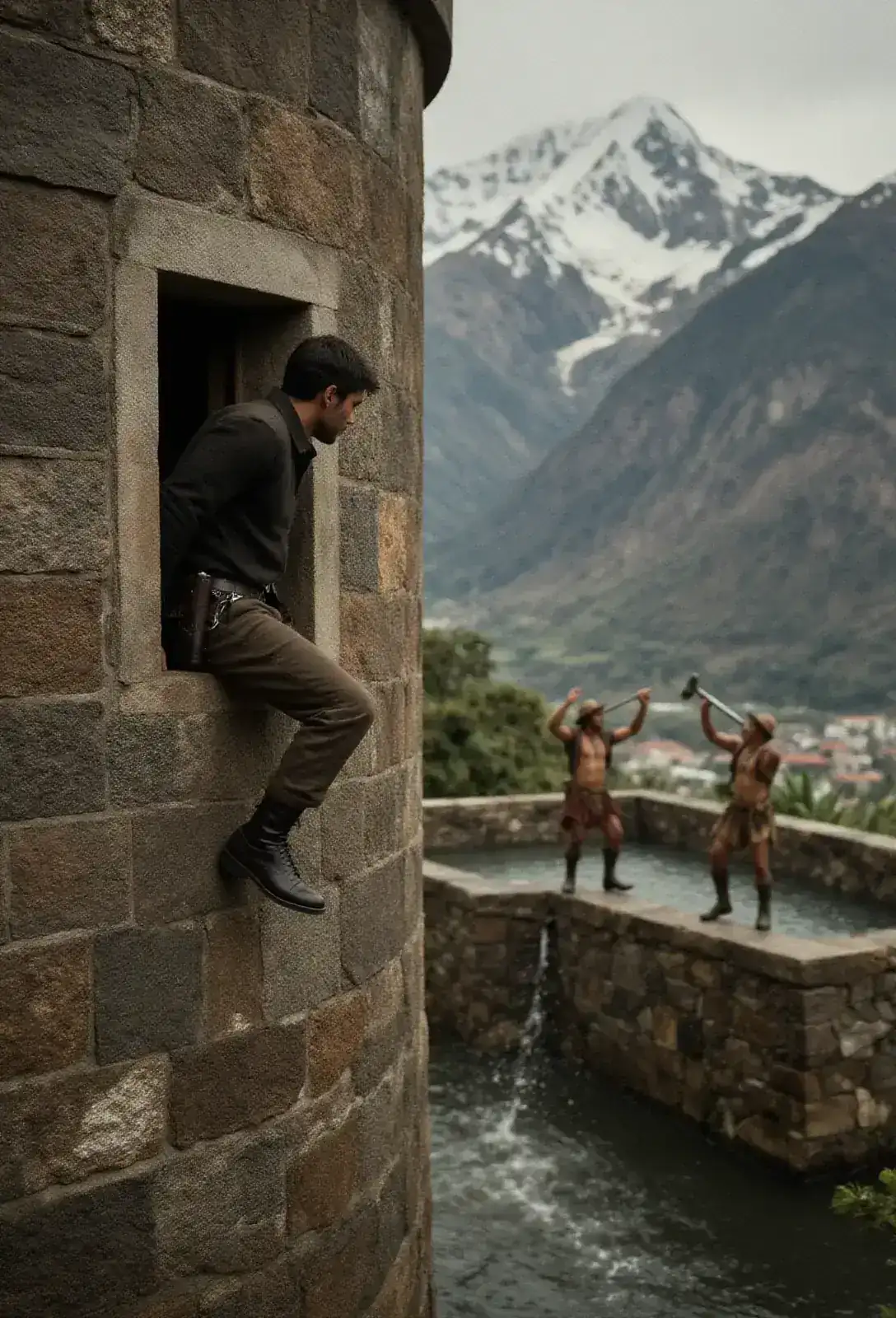 A man's silhouette leaning out a slit window in a stone tower, snow-capped mountains beyond, two costumed yodelers performing on a parapet across a moat.