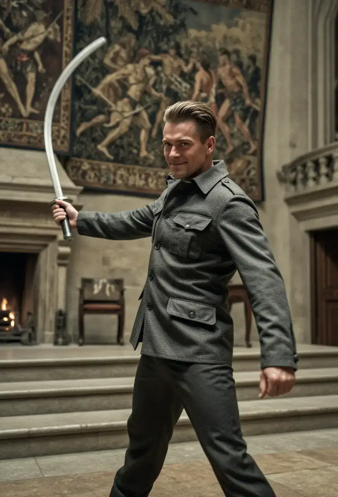 A grand stone staircase descending into a great hall hung with battle tapestries, a man in a tailored field jacket swinging a halberd in a long arc near a fireplace.