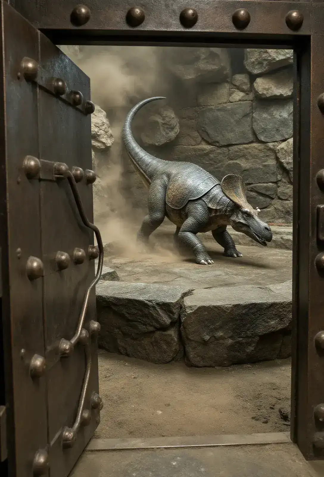 A reinforced steel dungeon door swinging inward to reveal a vast stone pit, an armored ankylosaurus thrashing its club-tail against the wall in clouds of rock dust.
