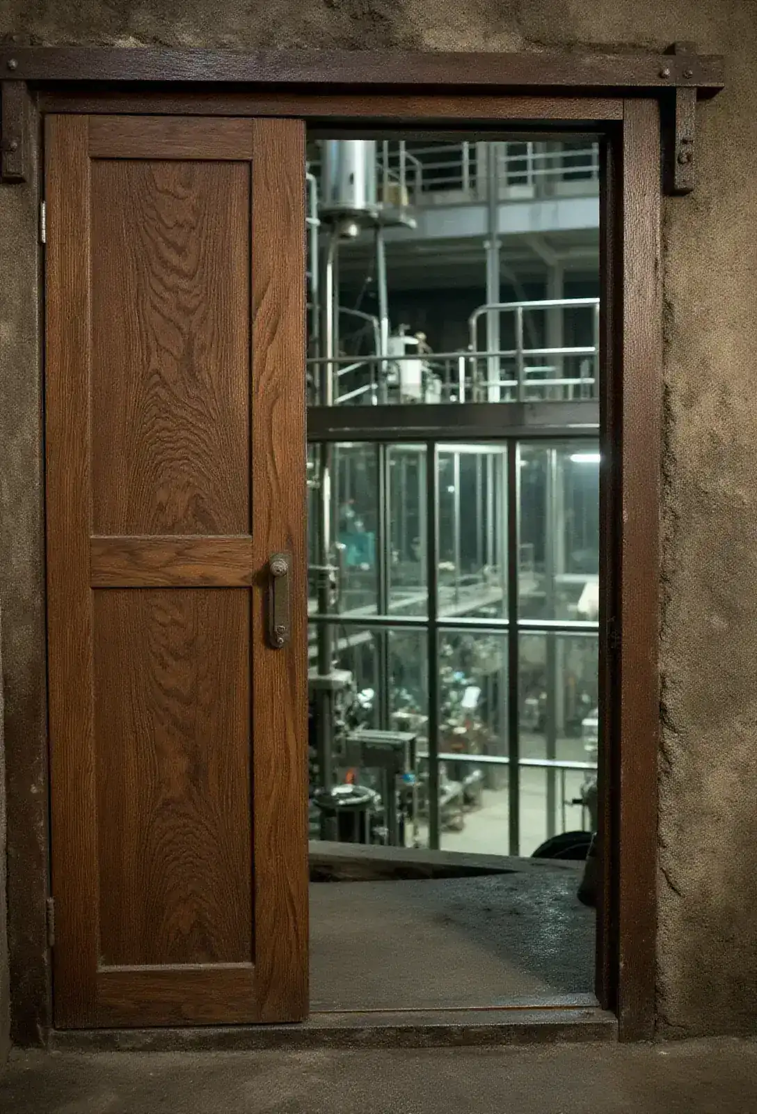 A hidden door behind a wood-veneer panel sliding open onto a vast brightly-lit cavern lab below the castle, glass-walled chambers and gantries of stainless steel.