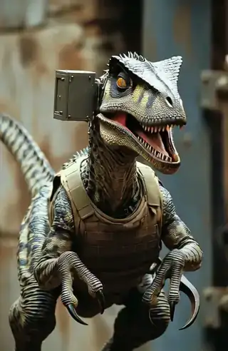 A massive armored observation window into a stone enclosure where an eight-foot black-scaled raptor with a small box on its skull is hurling itself against the wall in fury.