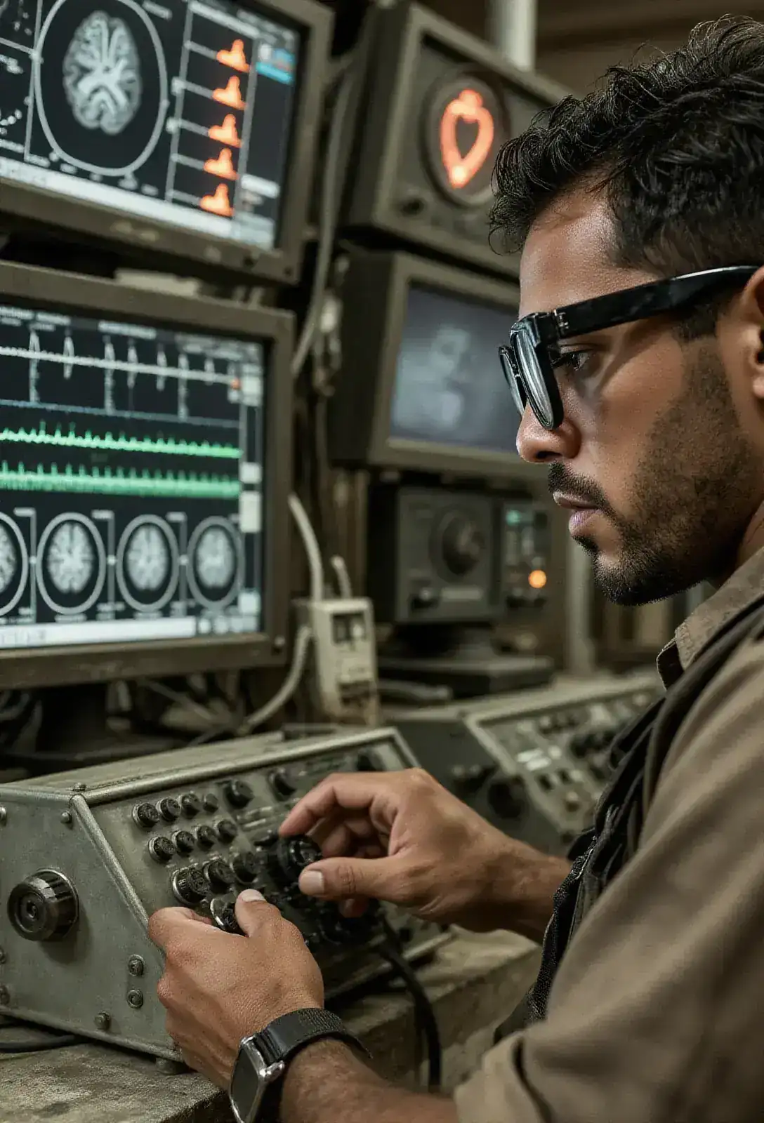 A wall of monitors showing brain scans and EEG traces, a heart-rate display falling, a man with thick-rimmed glasses adjusting a dial on a transmitter.
