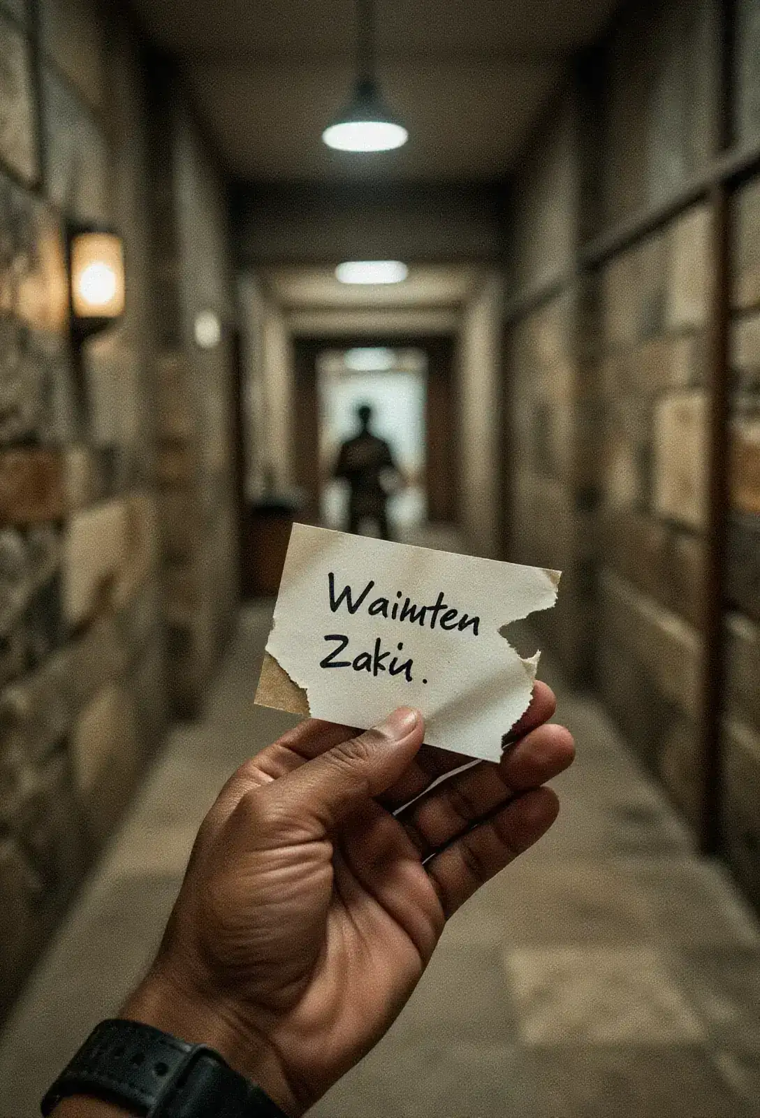A small piece of torn lab paper held in a man's palm with a hand-written warning, the corridor's stone walls and electric sconces blurred behind it.