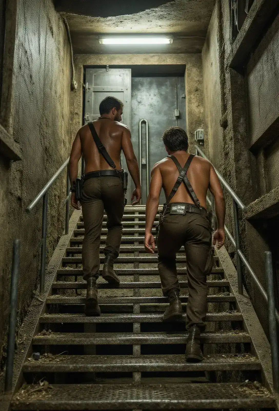A pair of men climbing a long open metal staircase up out of a brightly-lit underground genetics lab toward a heavy steel door.