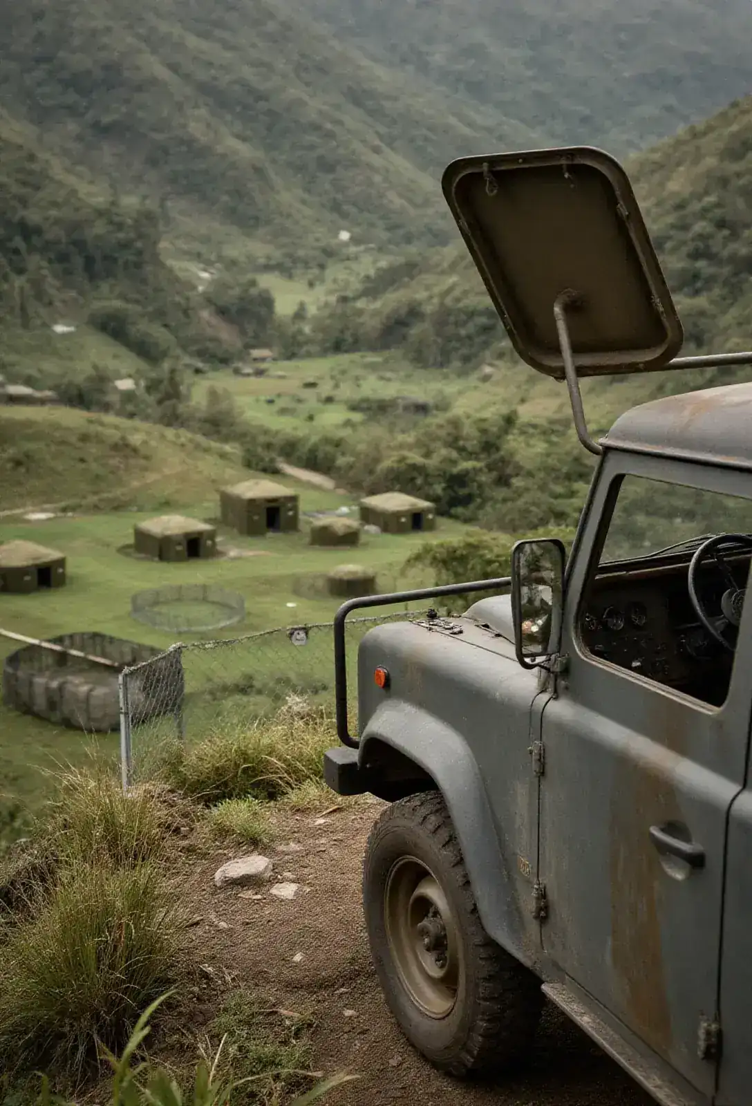 A military Land Rover topping a Alpine ridge with an open observation port in the roof, a green bowl-shaped valley below dotted with bunkers and chain-link enclosures.