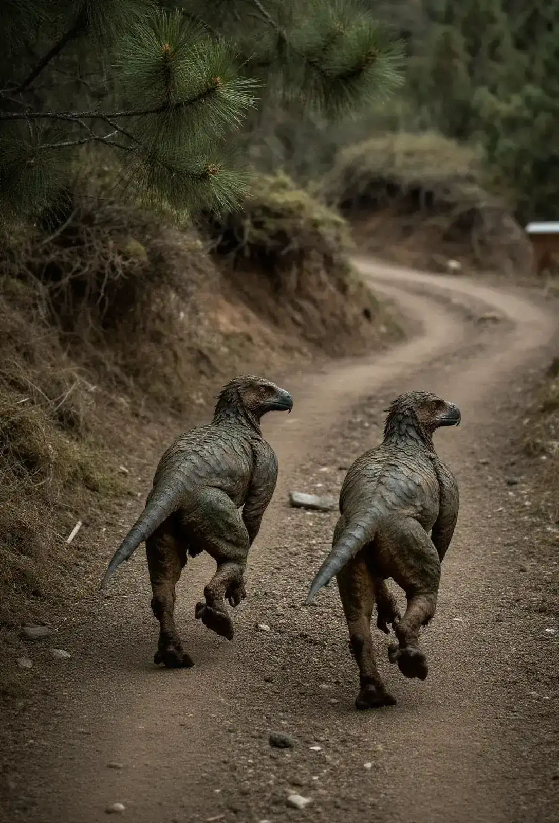Two green-brown raptors trotting in a loose pair down a dirt mountain road through pines, their flanks shifting color to match the mossy ground.