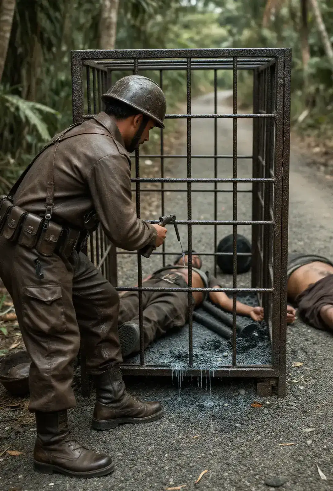 A medic with a cutting torch leaning into a battered iron cage on a gravel forest road, slag dripping, two men inside still alive but unmoving.