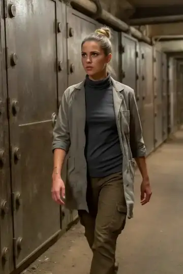 A young deinonychus jolting sideways in a cattle harness, haunches buckling, head snapping toward the meat hung outside the bars.