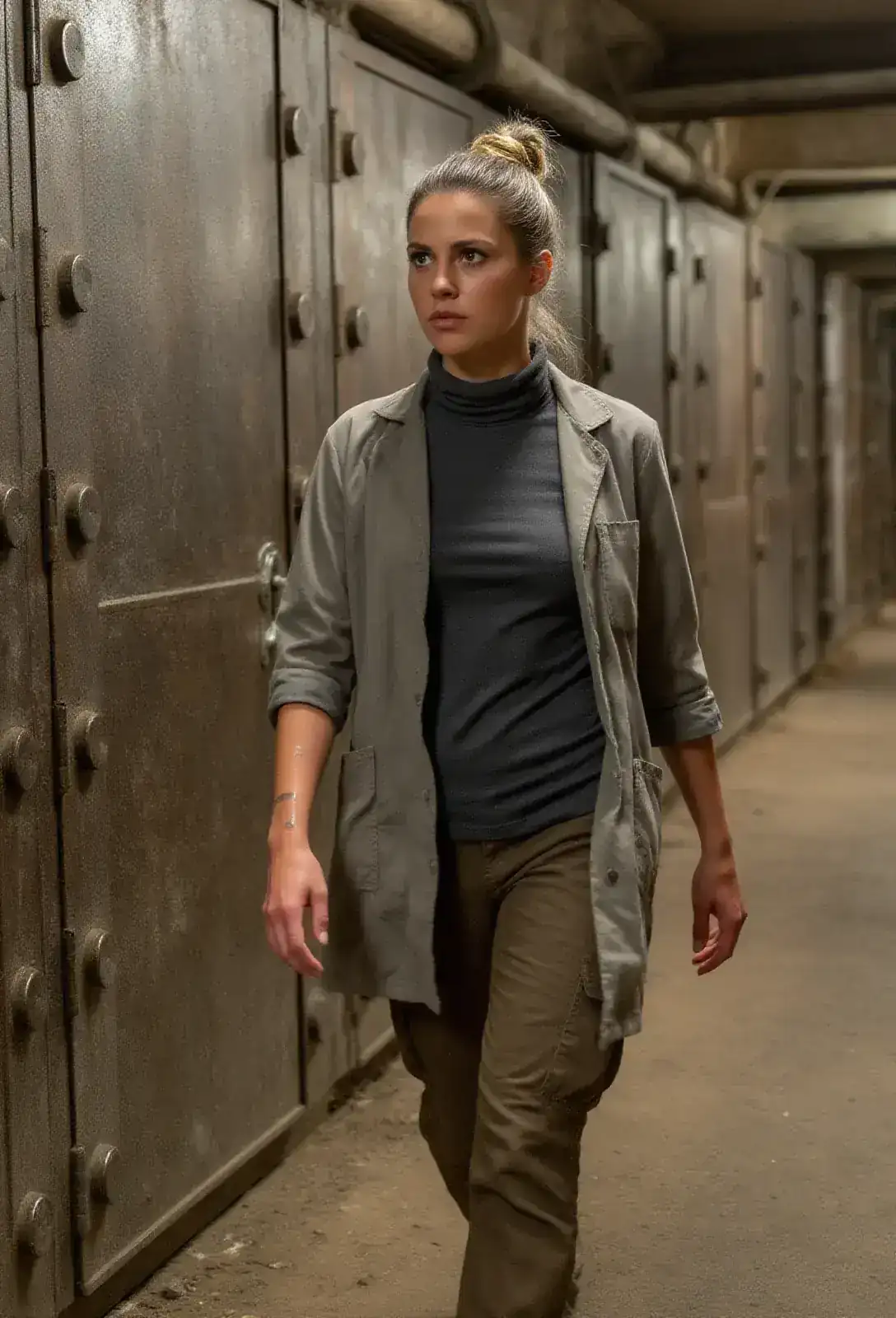A long underground gallery walled with reinforced steel doors, a woman in a lab coat striding past with hair pulled back in a knot and the look of a woman about to break someone's wrist.