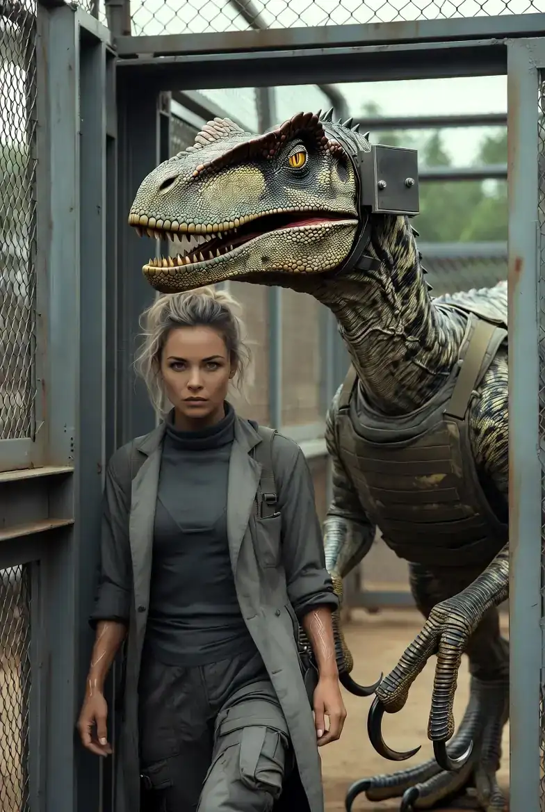 A small woman emerging from a steel side door of an outdoor cage, the harness in her hand, an eight-foot raptor watching her go from the back of the enclosure.