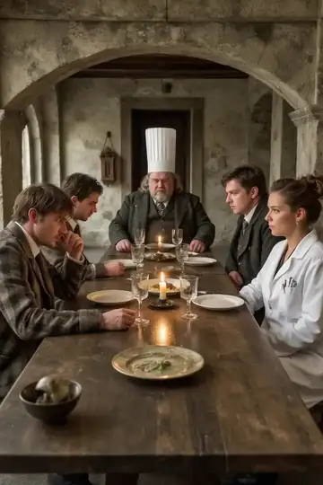 A carver in a high white toque turning a roast game bird with two long forks, knife sliding into the breast, candlelight catching the steam.