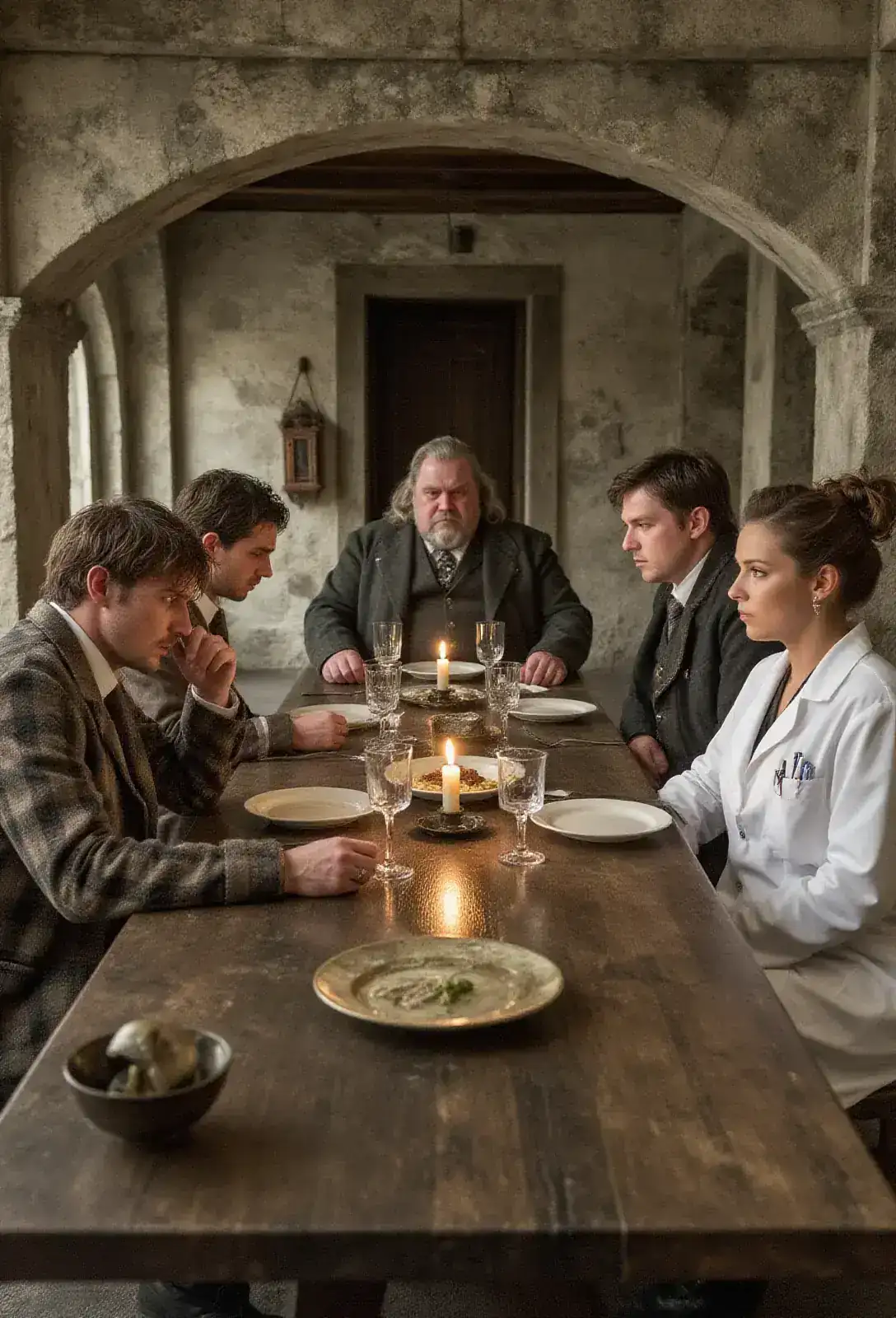 A long candlelit dining hall in a Swiss castle, a heavy-set imperious old man at the head of a polished table, four diners in formal dress including a haggard lean man and a woman in a clean lab coat.