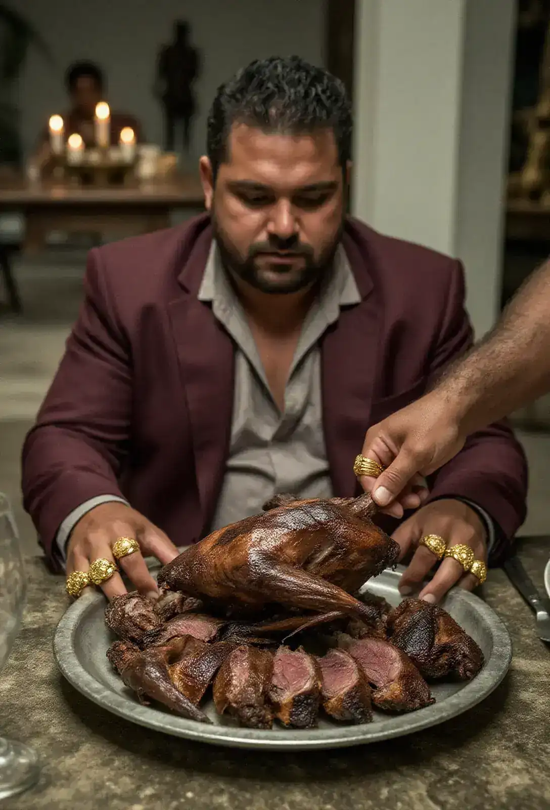 A platter of sliced roast game bird being set before a heavy-set man in a burgundy suit at the head of a long table, gold rings flashing in candlelight.