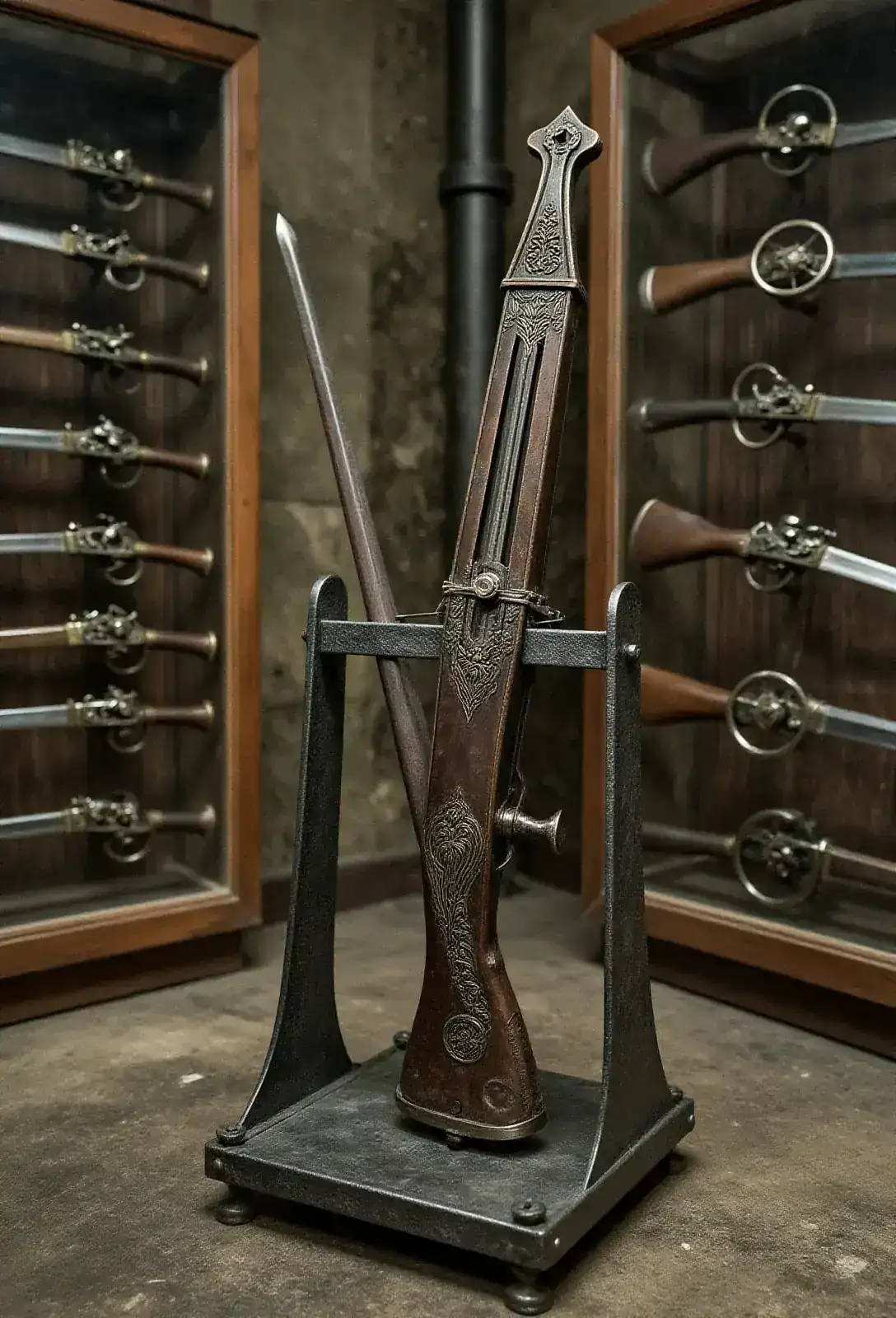 A heavy ornate medieval crossbow being lifted from an iron stand in a private castle armory, swords and wheel-lock pistols in glass cases lining the walls.