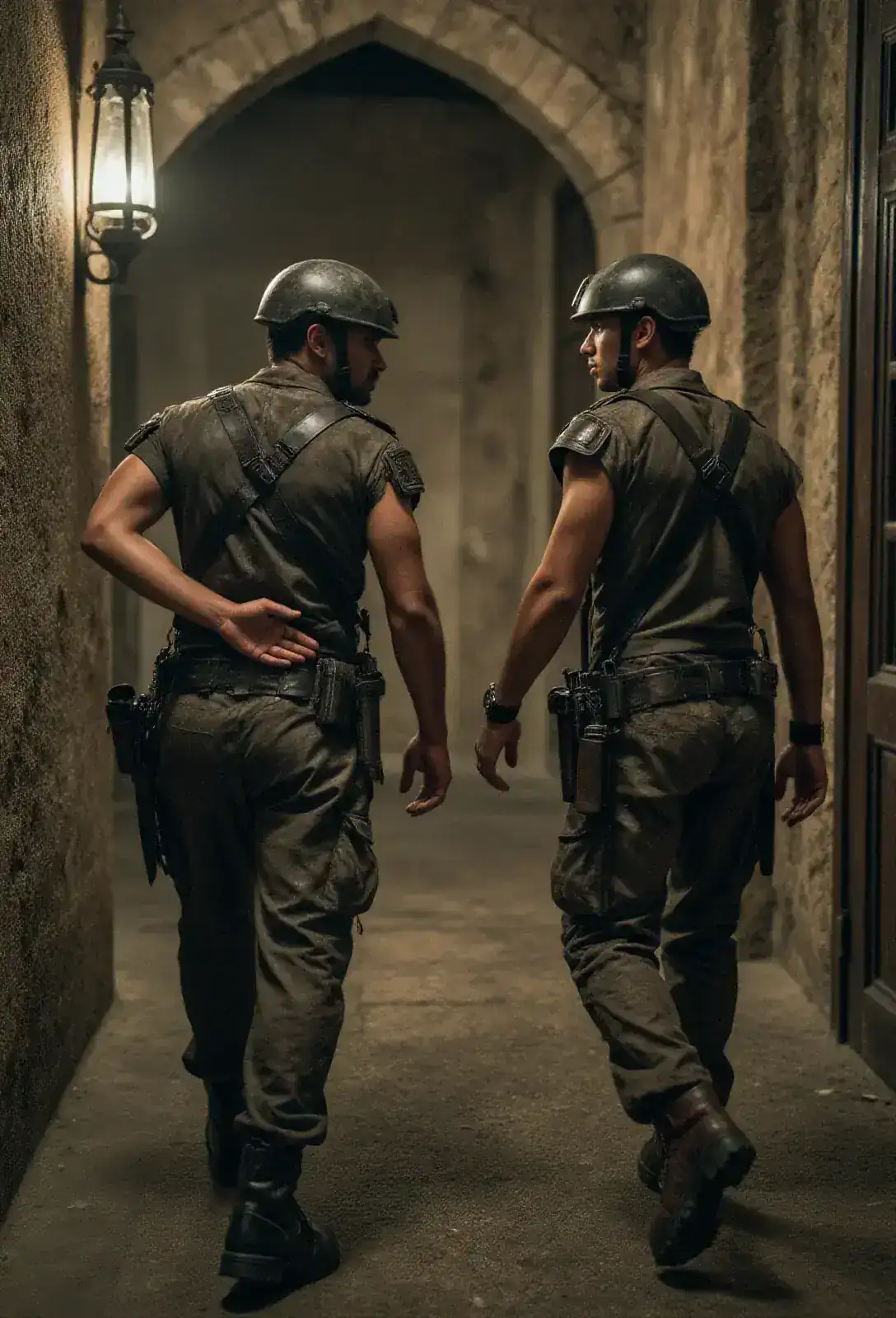 A dim castle corridor at night with two figures passing each other in opposite directions, hands brushing once at hip height in the half-light of an iron sconce.