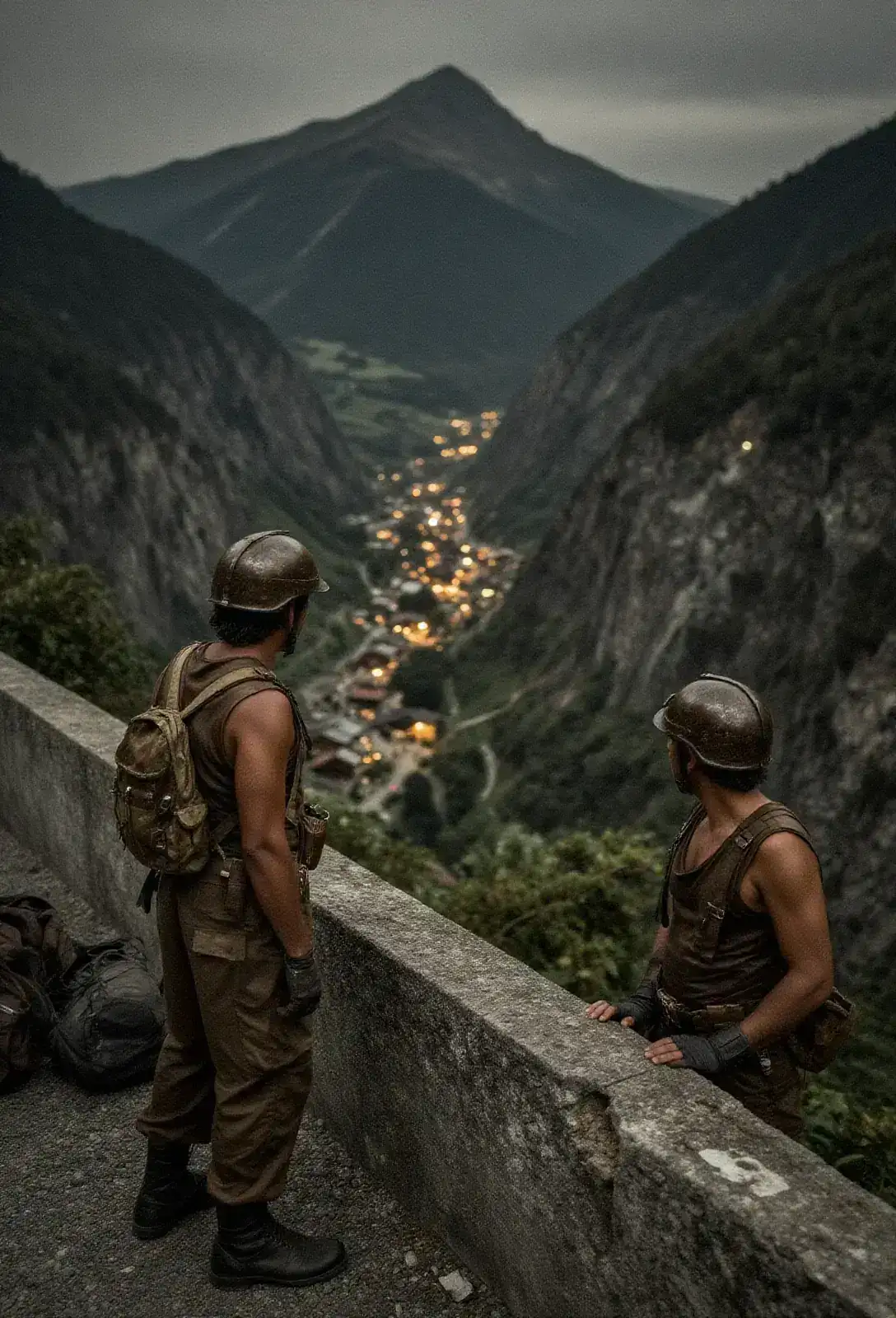 A high parapet at night with two figures looking out over a valley of small Alpine town lights, a wide black gorge between them and the next peak.