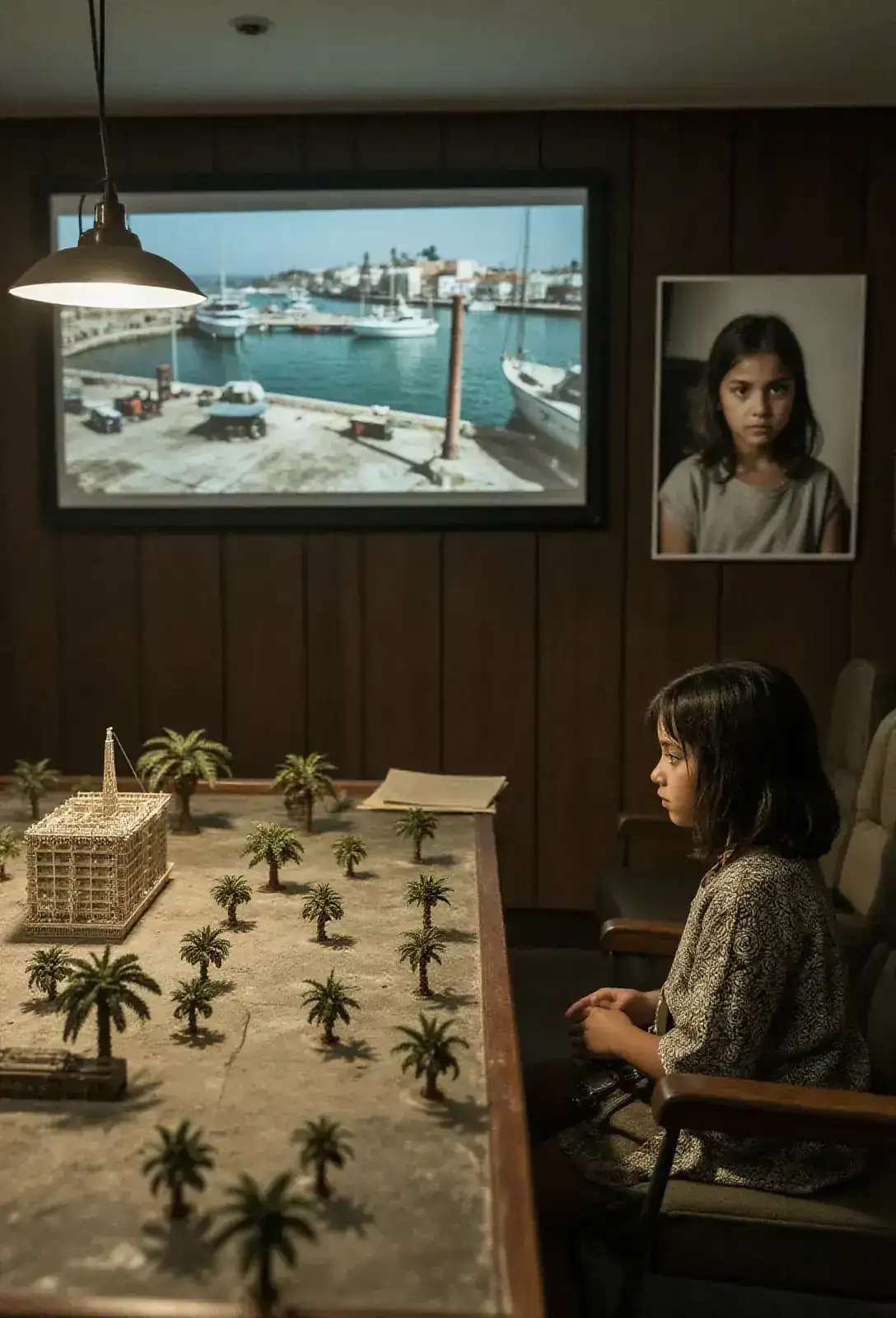 A dim panelled strategy room with a wall-screen showing a Tangier dock waterfront, a tabletop architectural model under a hanging lamp, a still photograph of a small girl seated under harsh light.