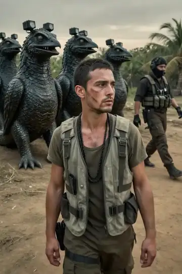 Four black-scaled deinonychus crossing a dusty minefield single-file behind a smaller lead deinonychus, each clawed foot landing in the same scent-marked print.