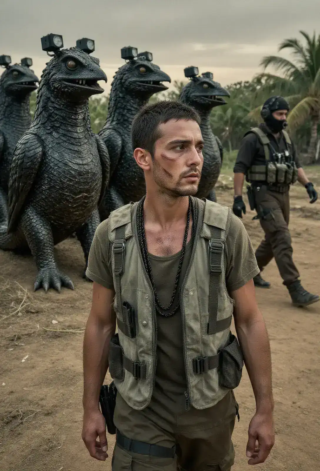 A line of five massive black-scaled raptors standing at attention on packed dirt at dawn, regulator boxes glinting on their skulls, a man in tactical gear pacing in front of them.