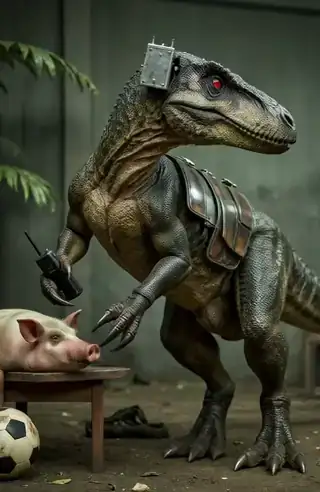 A dim-lit raptor enclosure on night-vision green-and-grey, an eight-foot raptor lifting a small black radio in his clawed hand off a table set with a pig and a soccer ball.