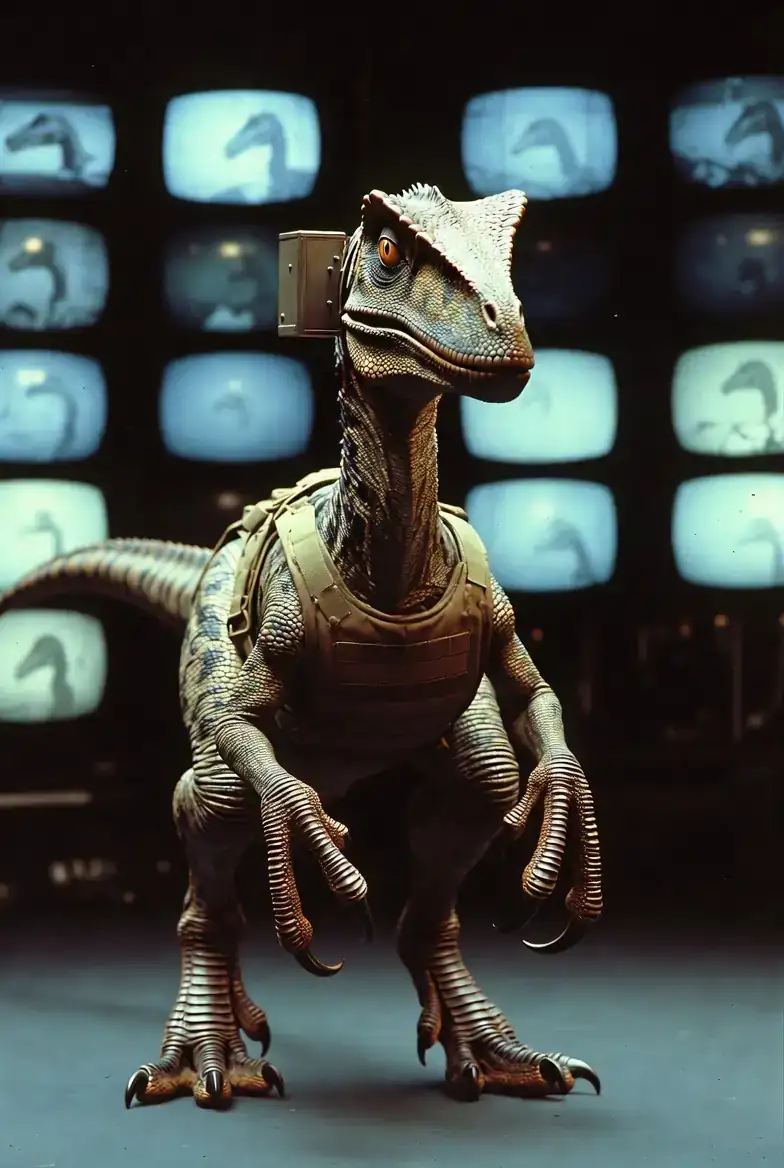 A dim observation room with a wall of monitors showing night-vision feeds of a raptor enclosure, one large raptor at the center frame looking directly into the camera.